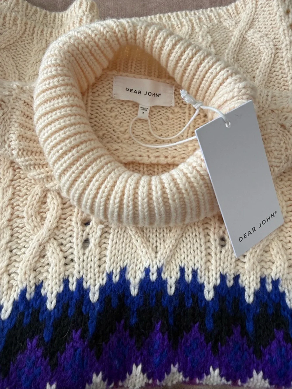 Dear John Cable Knit Turtleneck Sweater Fair Isle Cream Size Large NWT - Picture 4 of 5